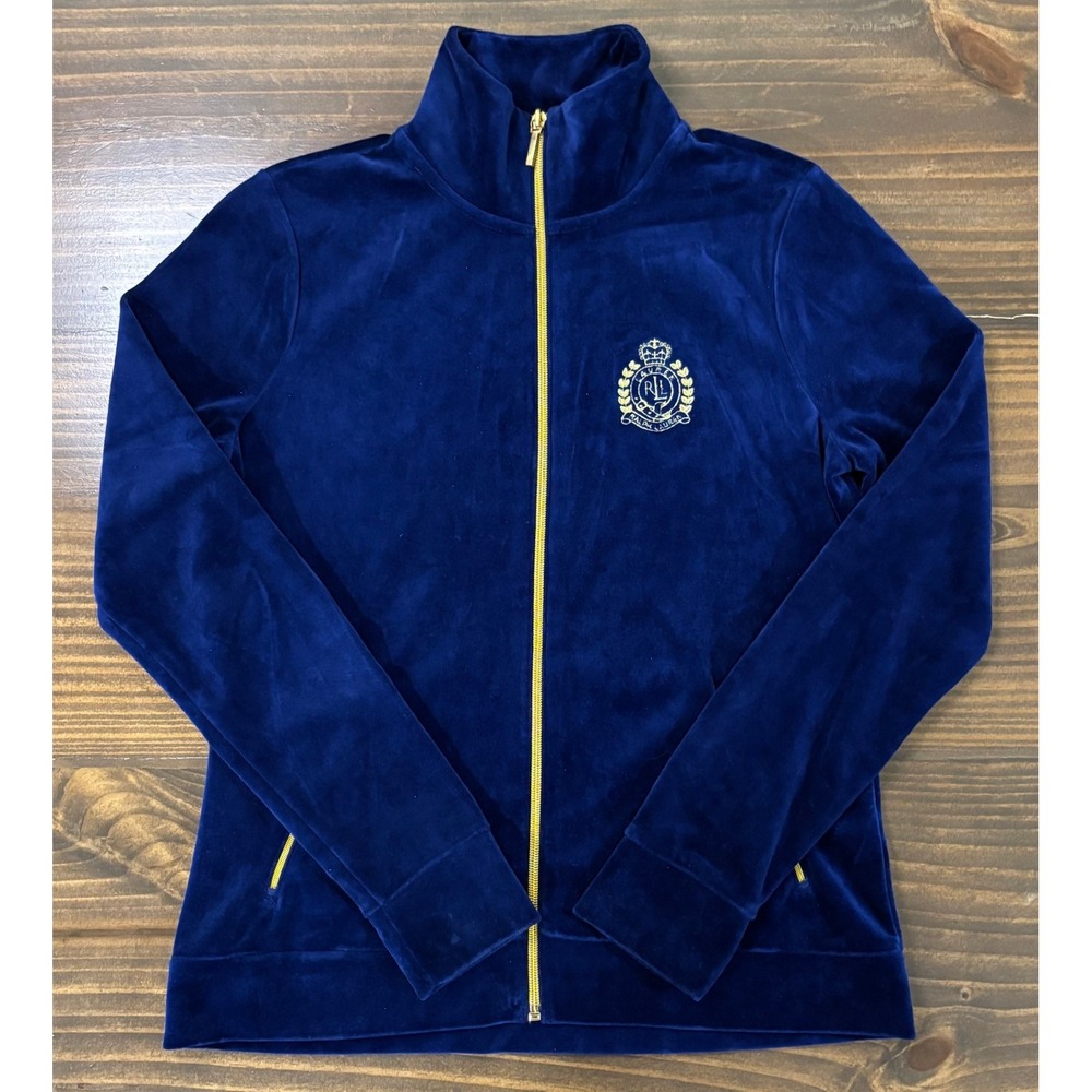 LAUREN RALPH LAUREN Women PS Navy Velour Gold Zip Embroidered Crest Jacket - Picture 2 of 10
